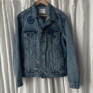 Old Navy Distressed Blue Denim Jacket with Smiley Patch Y2K